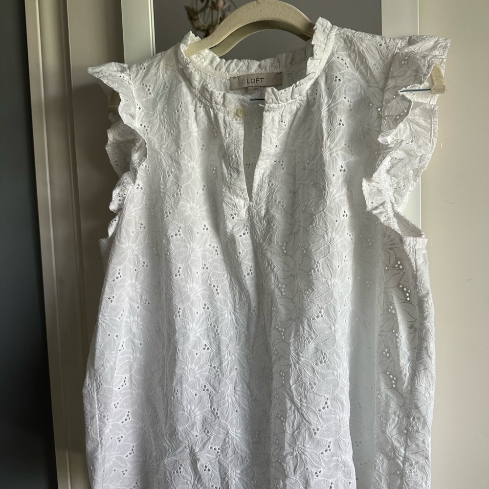 LOFT White Eyelet Ruffle Sleeve Camisole